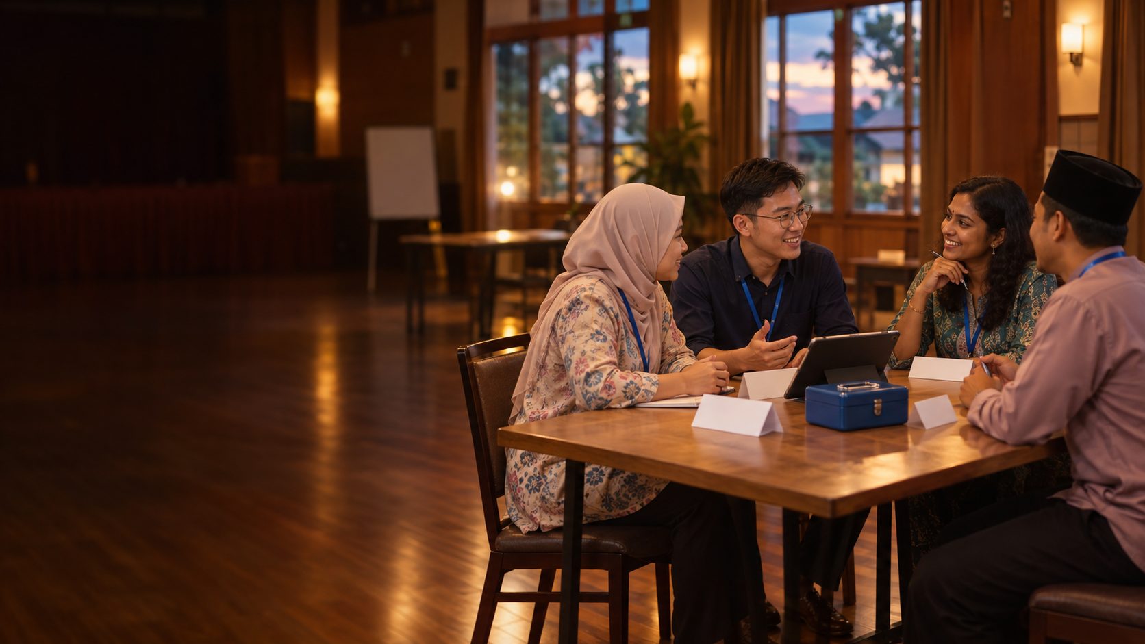 A small group of Malaysian adults role-play around a wooden table in a warm community hall, with blank name cards, a tablet and a toy cash box.