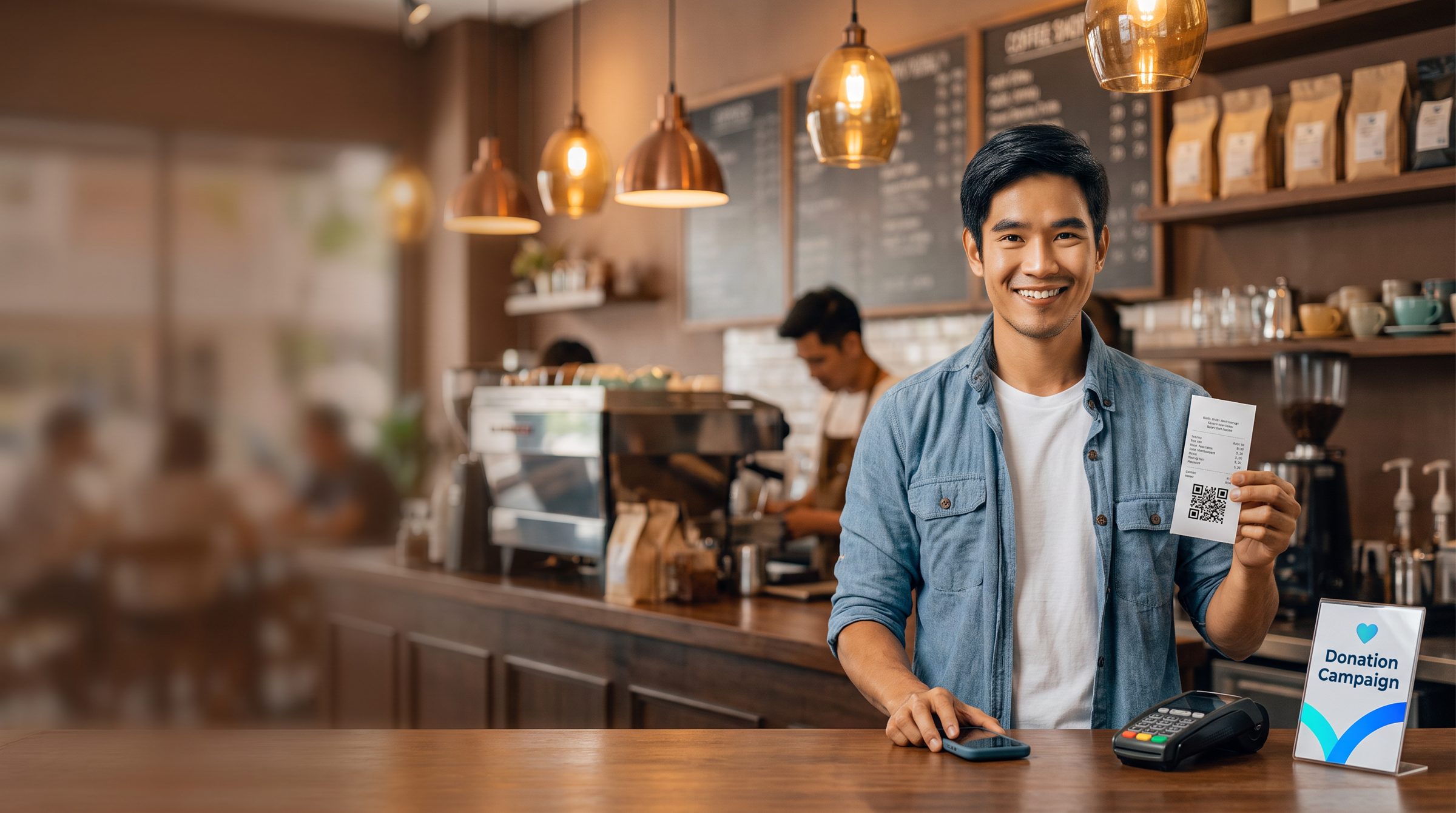A smiling customer at a coffee shop counter holds up his receipt with a QR tracking code, beside the card terminal and a small donation campaign card.