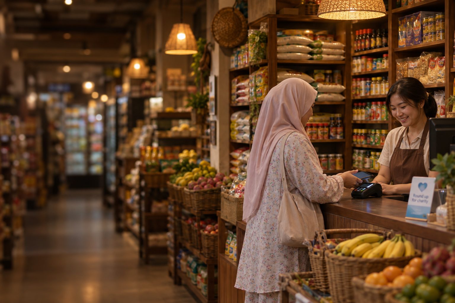 A customer pays by phone at the checkout of a warm, wood-shelved Malaysian supermarket. A small card on the counter reads Round up for charity.