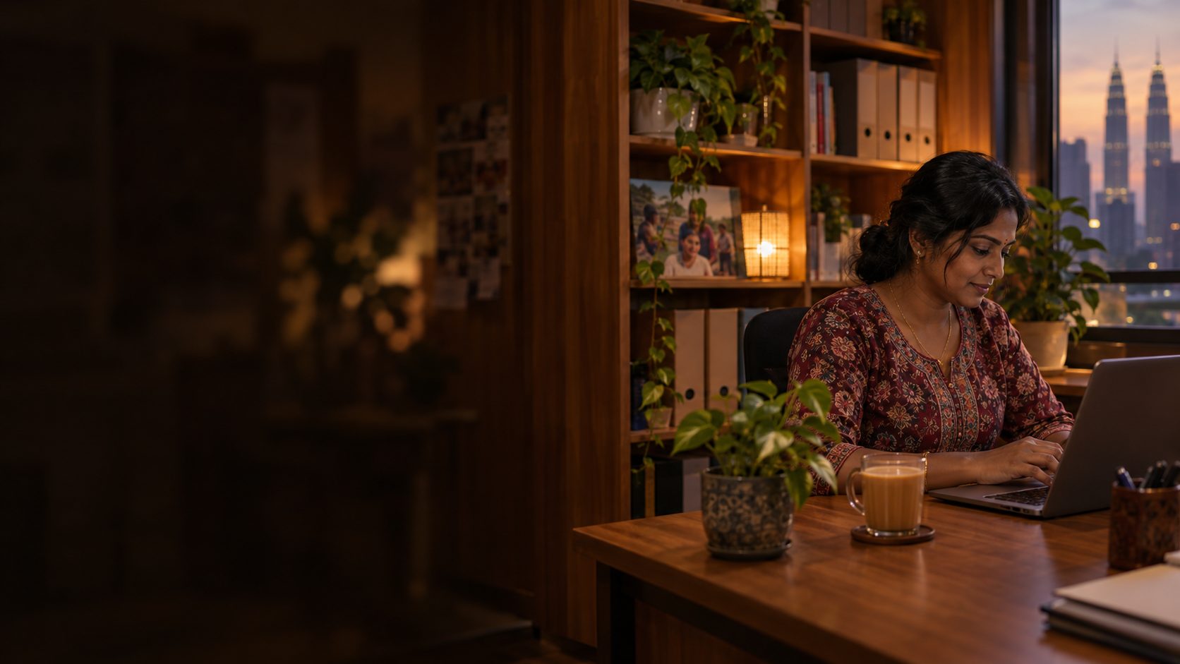 A charity worker signs in on a laptop at a wooden desk in a warm, plant-filled Kuala Lumpur office at dusk.